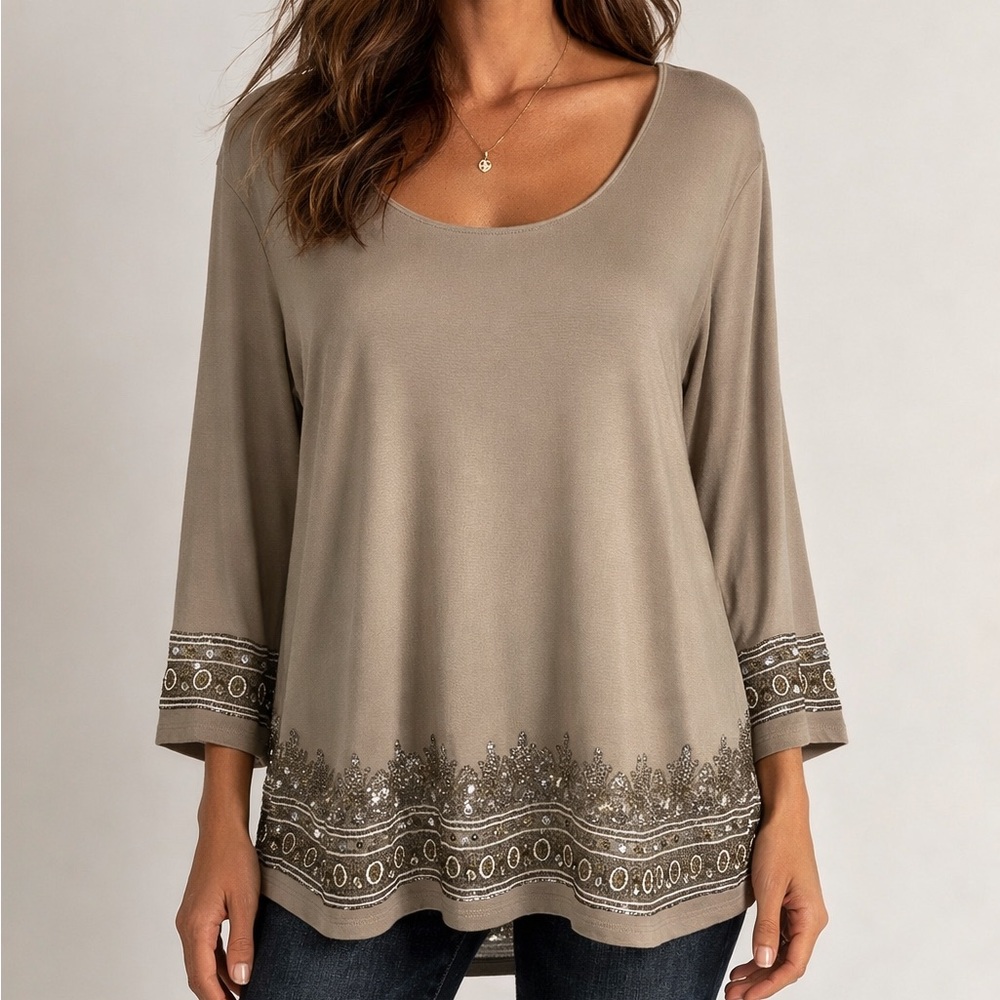 Marina Rinaldi Silk Embellished Taupe Top‎